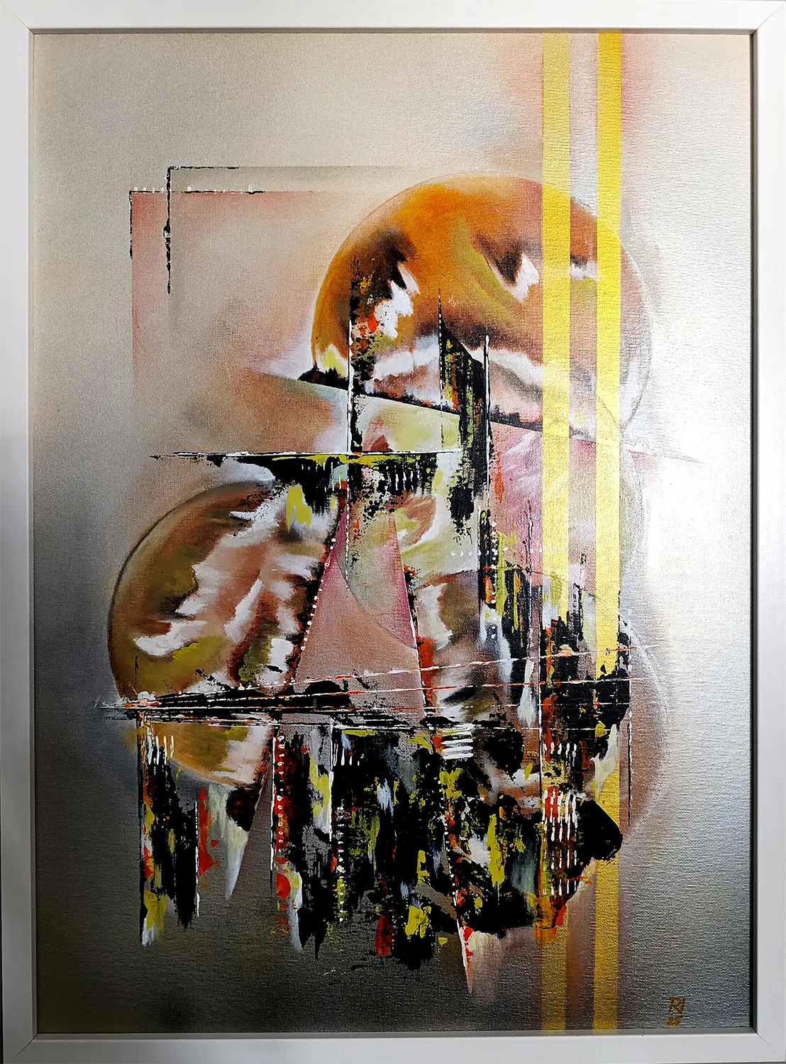 Original Acrylgemälde Ohne Titel von Lothar Bergmann – Abstrakte Kunst mit goldenen Streifen im weißen Rahmen 50x70 cm, Kunst-Direkt.de / Newart.gallery