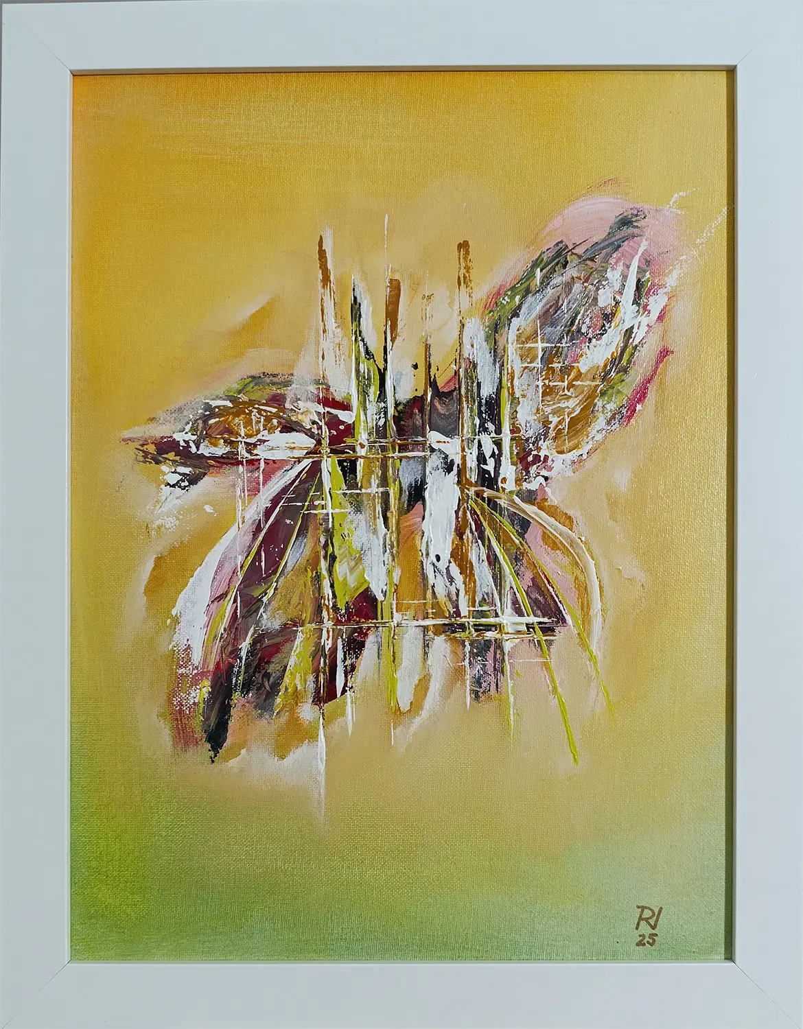 Original Acrylgemälde Ohne Titel von Lothar Bergmann – Abstraktes Kleinformat in Gelb und Grün mit weißem Rahmen 30x40 cm, Kunst-Direkt.de / Newart.gallery