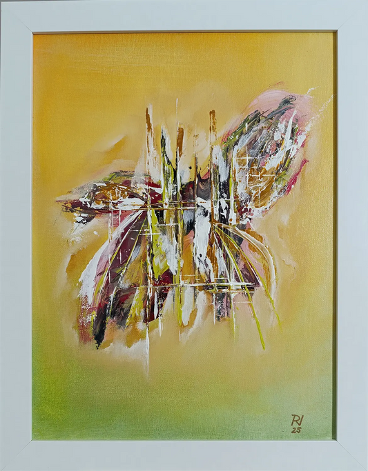 Original Acrylgemälde Ohne Titel von Lothar Bergmann – Abstraktes Kleinformat in Gelb und Grün mit weißem Rahmen 30x40 cm, Kunst-Direkt.de / Newart.gallery