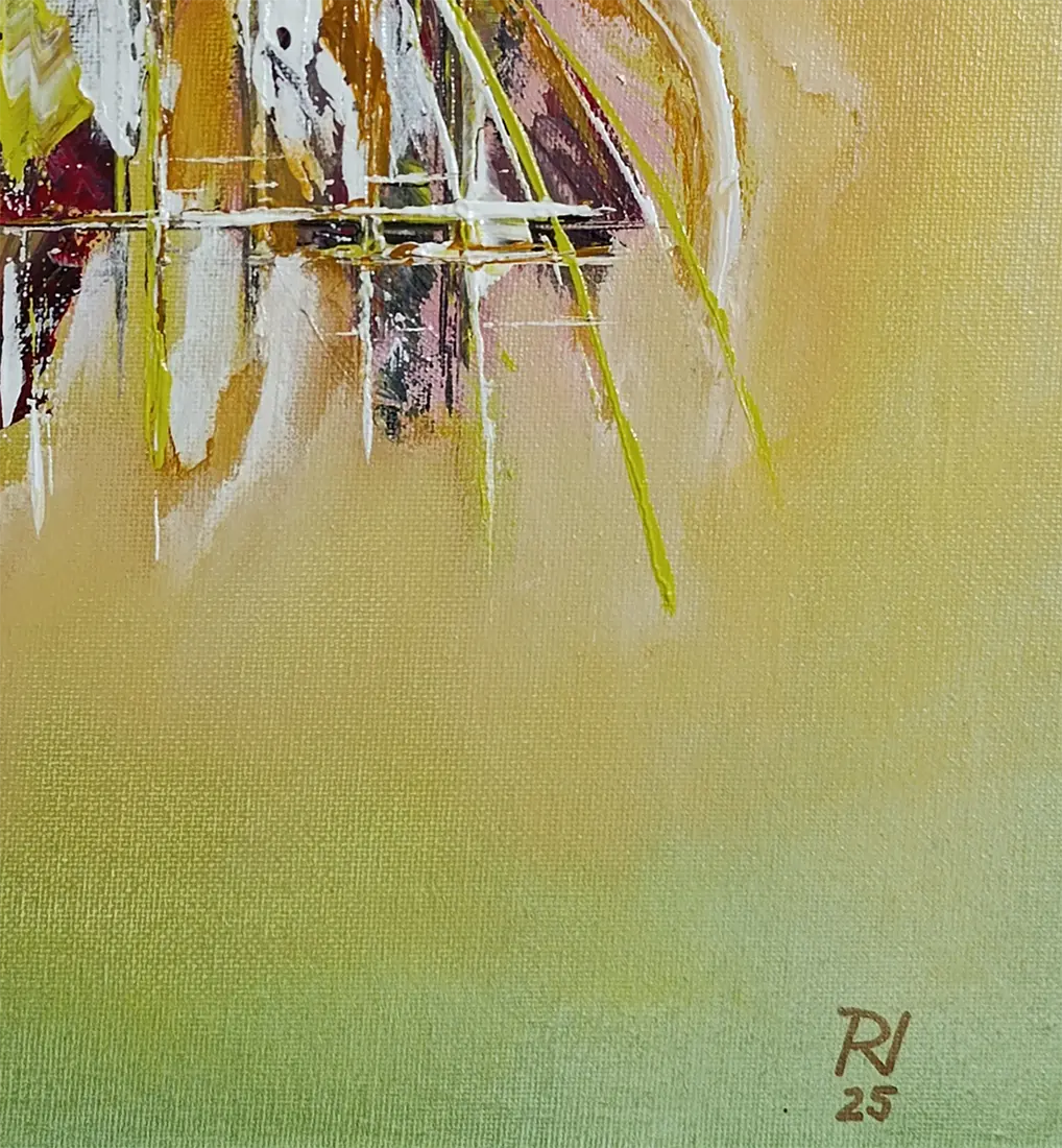 Original Acrylgemälde Ohne Titel von Lothar Bergmann – Abstraktes Kleinformat in Gelb und Grün mit weißem Rahmen 30x40 cm, Detal 1, Kunst-Direkt.de / Newart.gallery