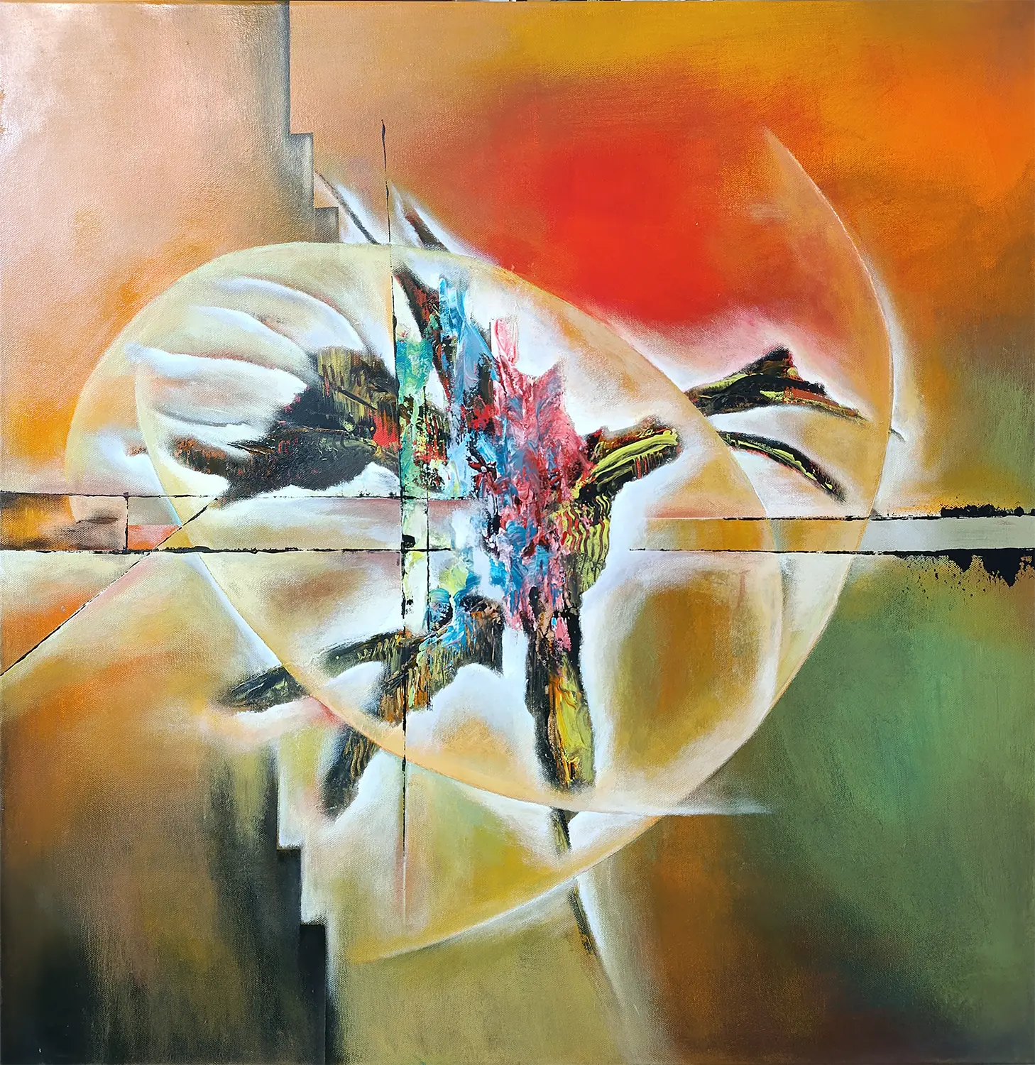 Original Acrylgemälde Ohne Titel von Lothar Bergmann – Quadratische abstrakte Kunst mit Sphären und Farbexplosion 80x80 cm, Kunst-Direkt.de / Newart.gallery