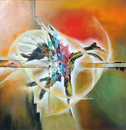 Original Acrylgemälde Ohne Titel von Lothar Bergmann – Quadratische abstrakte Kunst mit Sphären und Farbexplosion 80x80 cm, Kunst-Direkt.de / Newart.gallery