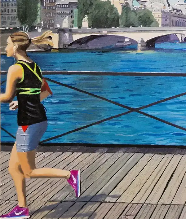 Ein realistisches Ölgemälde der Pont de art in Paris über die Seine, ein Musiker macht Musik, eine Läuferin überquert die Brücke, Detailansicht der Läuferin die die Brücke überquert