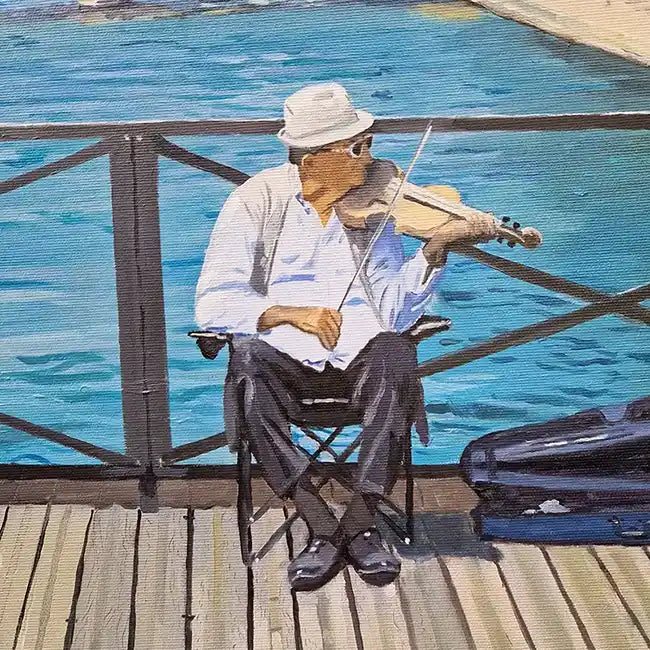 Ein realistisches Ölgemälde der Pont de art in Paris über die Seine, ein Musiker macht Musik, eine Läuferin überquert die Brücke, Detailansicht des Musikers mit Hut und Sonnenbrille (ein Geiger)