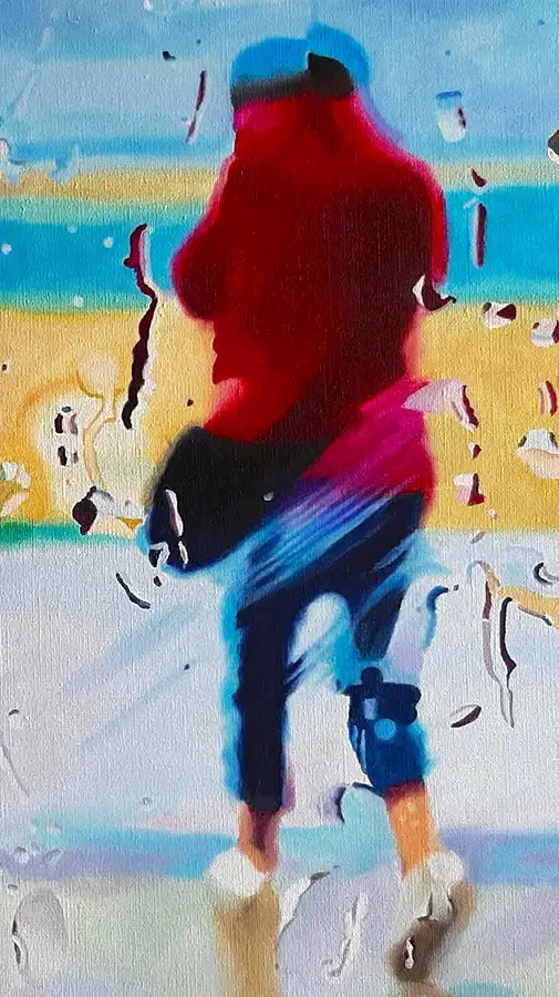 Ölgemälde, Querformat, Strand im Regen mit Tropfen auf einer Scheibe, eine Person mit roter Jacke ist zu sehen, Detail der roten Jacke