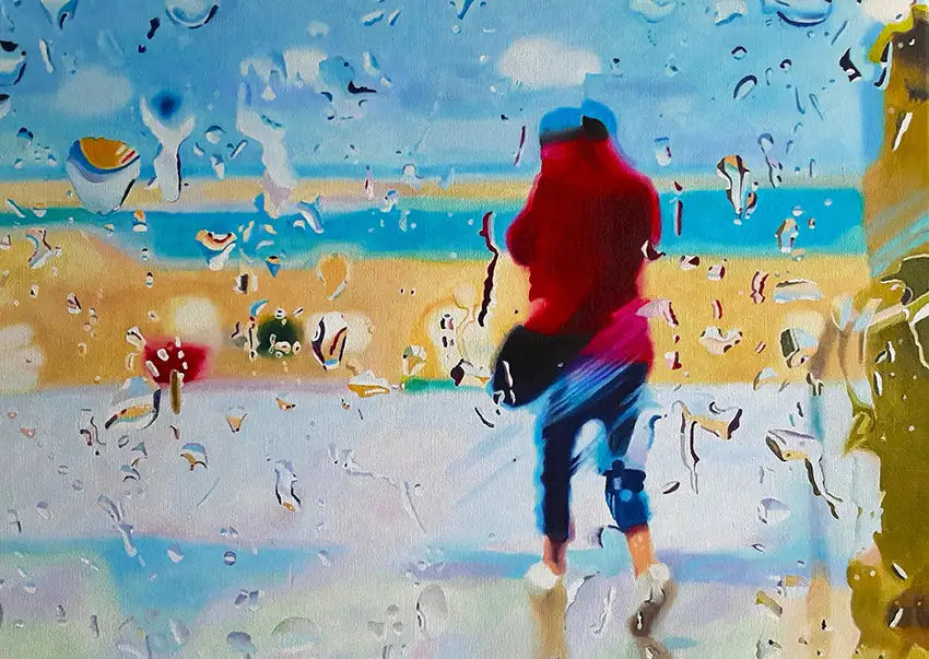 Ölgemälde, Querformat, Strand im Regen mit Tropfen auf einer Scheibe, eine Person mit roter Jacke ist zu sehen, 70 x 50 cm, Ulla Kutter, Kunst-Direkt.de