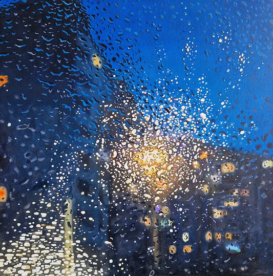 ölgemälde, quadratisch, Blick durch eine regennasse Scheibe auf ein Gebäude, Nachtstimmung, Reflexionen von Lampen, 50 x 50 cm, Ulla Kutter, Kunst-Direkt.de