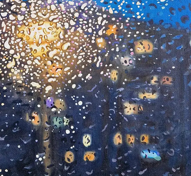 ölgemälde, quadratisch, Blick durch eine regennasse Scheibe auf ein Gebäude, Nachtstimmung, Reflexionen von Lampen, Details der Reflexionen, 50 x 50 cm, Ulla Kutter, Kunst-Direkt.de