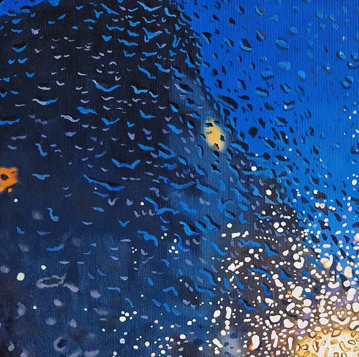ölgemälde, quadratisch, Blick durch eine regennasse Scheibe auf ein Gebäude, Nachtstimmung, Reflexionen von Lampen, Details der Tropfen
