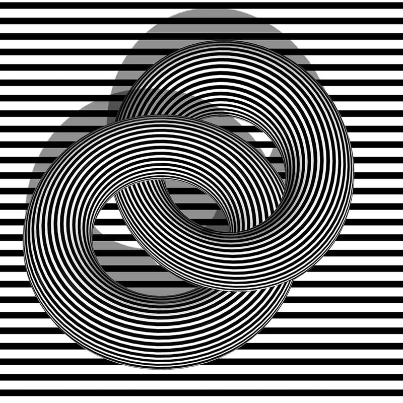 Zwei ineinander verflochtene gestreifte Ringe vor einem horizontal gestreiften Hintergrund, Farbe schwarz Weiß