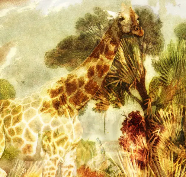 eine Zeichnung des brasilianischen Urwalds als Komposition mit einer Giraffe, gelbe und braune Farbtöne, Details der Giraffe