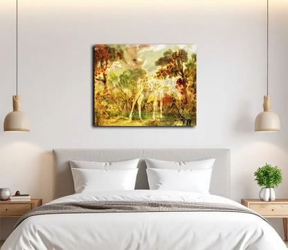 eine Zeichnung des brasilianischen Urwalds als Komposition mit einer Giraffe, gelbe und braune Farbtöne, an heller Wand hängend über einem Bett