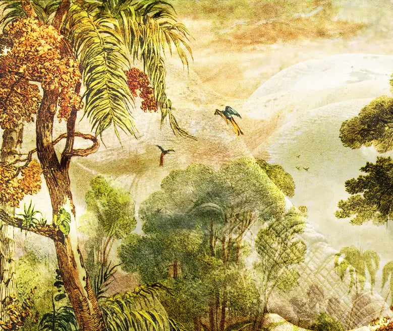 eine Zeichnung des brasilianischen Urwalds als Komposition mit einem Elefanten, gelbe, grüne und braune Farbtöne