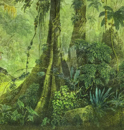 eine Zeichnung des brasilianischen Urwalds als Komposition mit dem Gesicht eines Affen, grüne Farbtöne, Details der Pflanzen