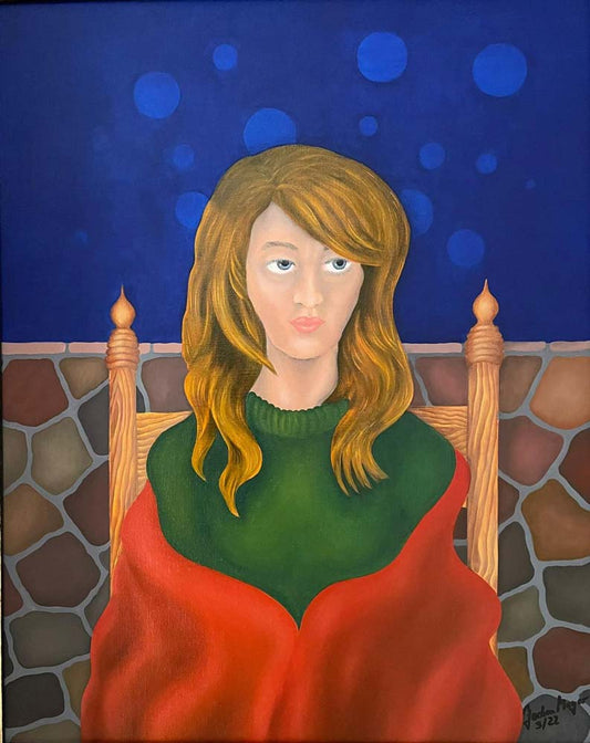 Person in roter Decke auf einem Suhl sitzend, Schicksal ist ein surrealistisches Ölgemälde von Jochen Meyer