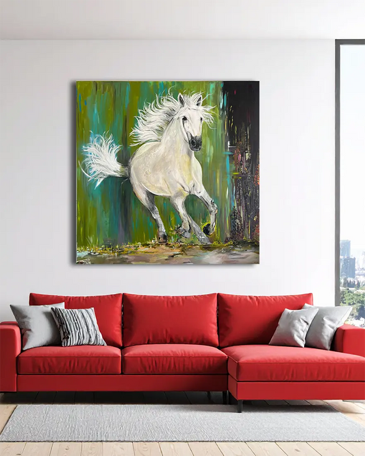 Monumentales, quadratisches Acrylgemälde „Schimmel ohne Reiter“ von Maren Lüke-Amato (180x180 cm). Ein weißes Pferd wird in dynamischen, expressiven Pinselstrichen vor einem dunklen, abstrahierten Hintergrund dargestellt. Kraftvolle Darstellung von Freiheit und Bewegung auf Leinwand.an wand hängend. Kunst-Direkt.de