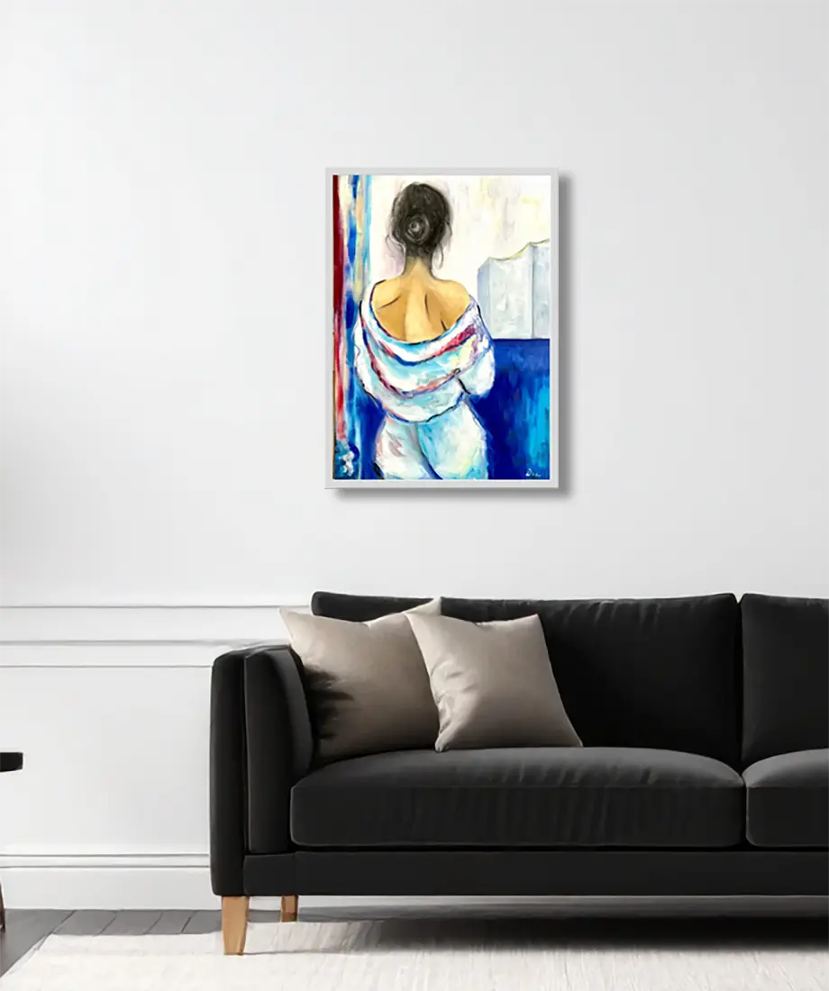 Eine Frau blickt voller Sehnsucht auf die stilisierte Elbphilharmonie in Hamburg, Ölgemälde, an Wand hängend, 50 x 70 cm, Dea Theinert, Kunst-Direkt.de