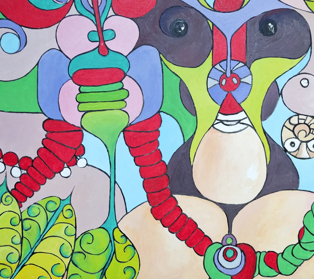 Detailaufnahme Shaka – Stilisierte Masken und hypnotische Augenpaare, rote Kettenformationen als Halsschmuck-Referenz, Dieter Roth | Kunst-Direkt.de
