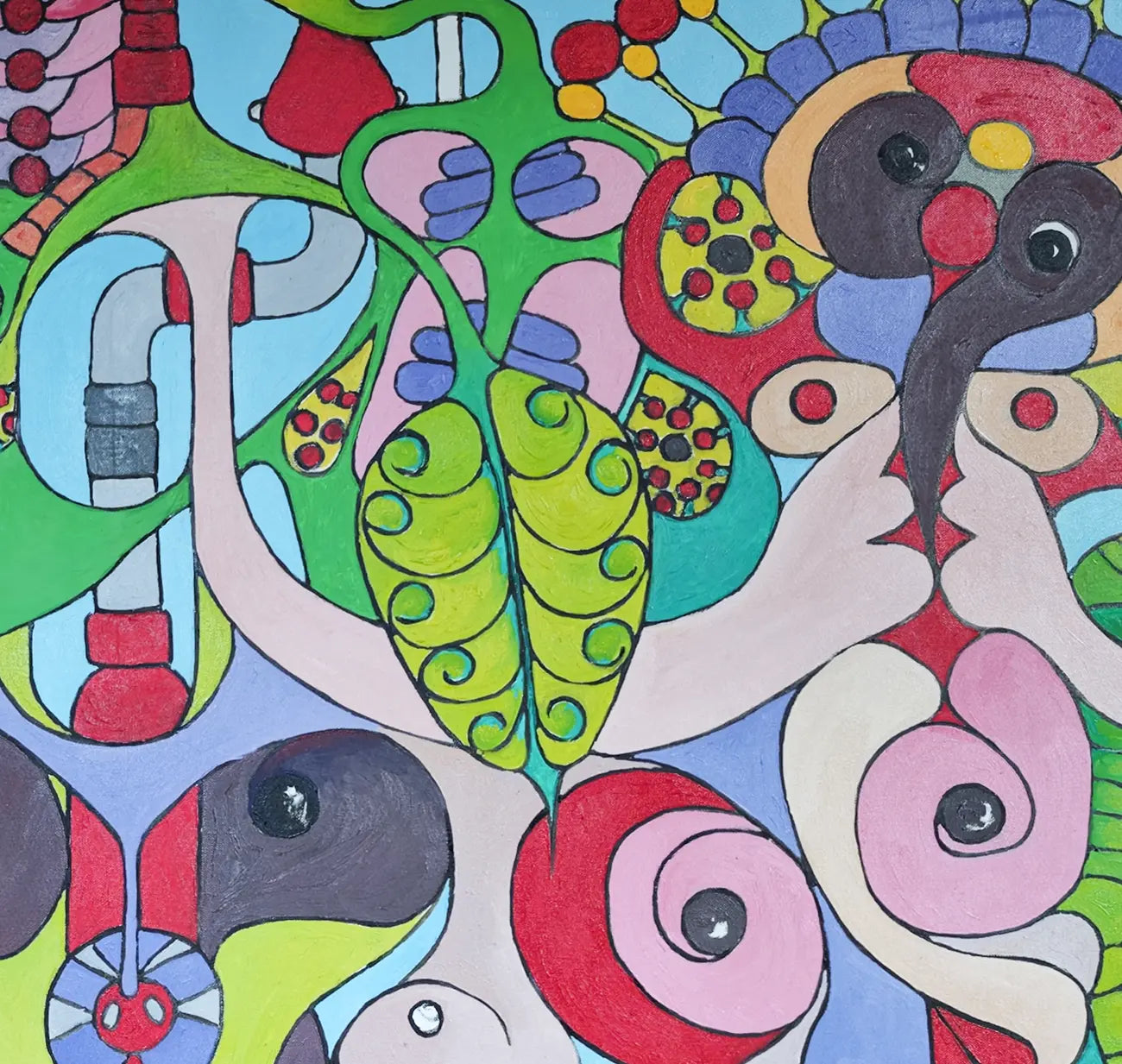 Detailaufnahme Shaka – Spiralförmige Schneckenmotive, organisch geschwungene Farbflächen mit schwarzen Konturlinien, Dieter Roth | Kunst-Direkt.de
