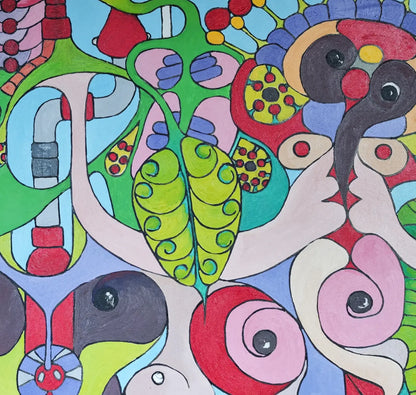 Detailaufnahme Shaka – Spiralförmige Schneckenmotive, organisch geschwungene Farbflächen mit schwarzen Konturlinien, Dieter Roth | Kunst-Direkt.de
