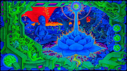 querformat, Neonfarben blau, grün, orange, ein blauer Schamane sitzt vor einem Baum, Phantasielandschaft