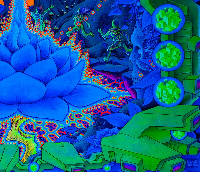 querformat, Neonfarben blau, grün, orange, ein blauer Schamane sitzt vor einem Baum, Phantasielandschaft, Details Landschaft