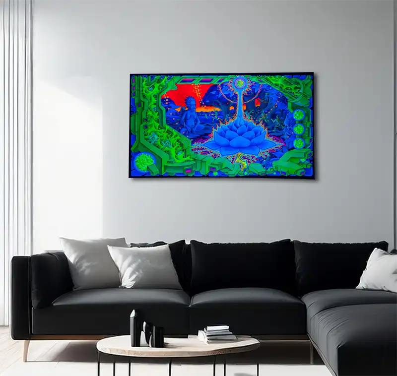 querformat, Neonfarben blau, grün, orange, ein blauer Schamane sitzt vor einem Baum, Phantasielandschaft, an heller wand hängend mit schwarzem Sofa