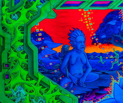 querformat, Neonfarben blau, grün, orange, ein blauer Schamane sitzt vor einem Baum, Phantasielandschaft, Detail blauer Schamane