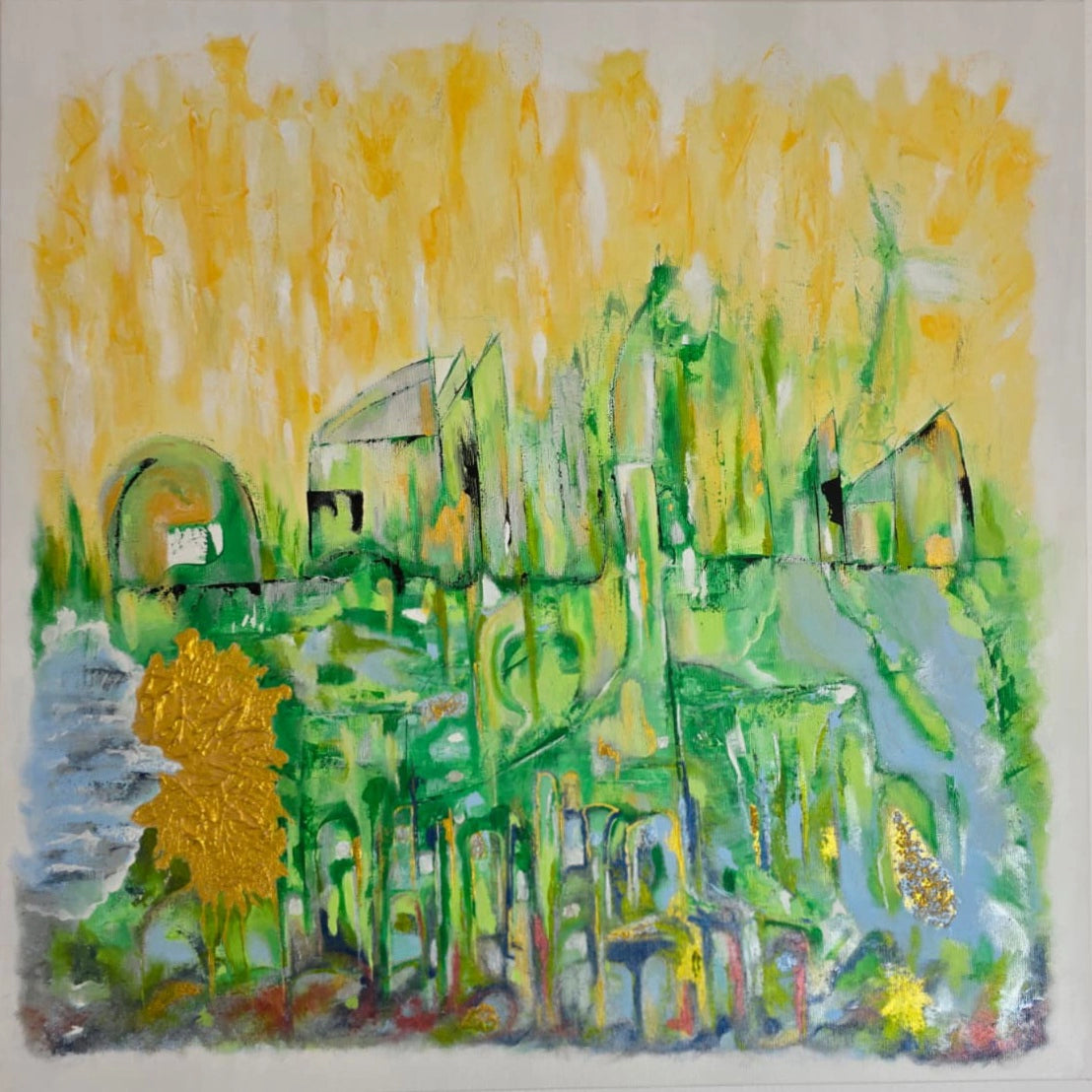 Original Acrylgemälde Silent Harmony von Elena Grumann – Beruhigende abstrakte Natur- und Stadtlandschaft im Quadratformat 80x80 cm, Kunst-Direkt.de / Newart.gallery