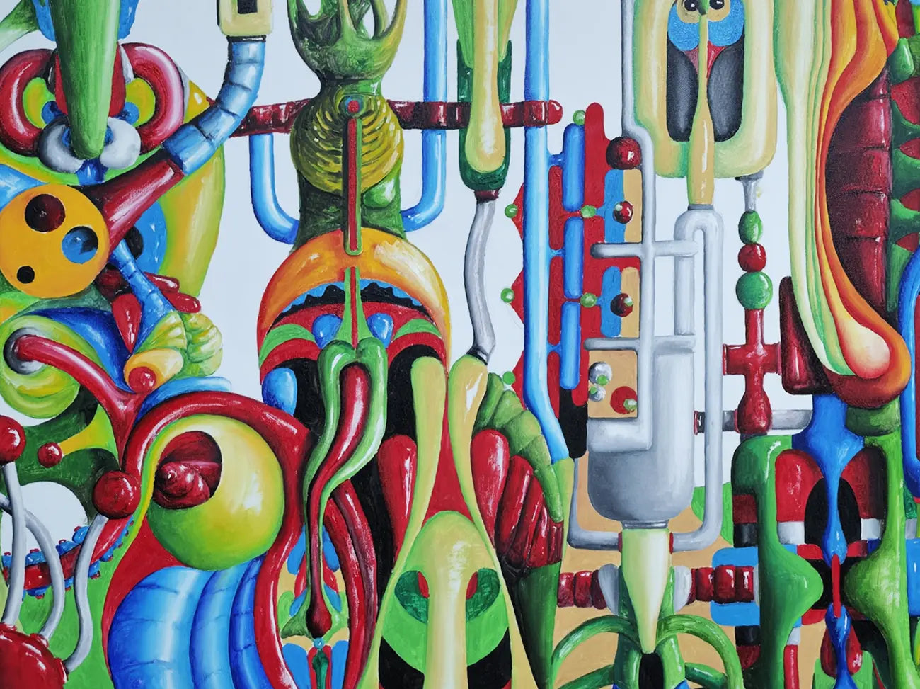 Detailaufnahme Sirius 2 – Rankenartige Verästelungen und metallisch glänzende Rohrsysteme, bio-mechanische Struktur, Dieter Roth | Kunst-Direkt.de
