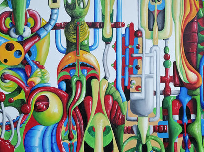 Detailaufnahme Sirius 2 – Rankenartige Verästelungen und metallisch glänzende Rohrsysteme, bio-mechanische Struktur, Dieter Roth | Kunst-Direkt.de
