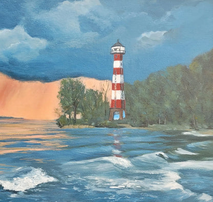 Detailaufnahme Sonnenuntergang an der Elbe – Leuchtturm Wittenbergen rot-weiß gestreift, lachsroter Horizont gegen dunkle Wolken, Britta Kröger | Kunst-Direkt.de

