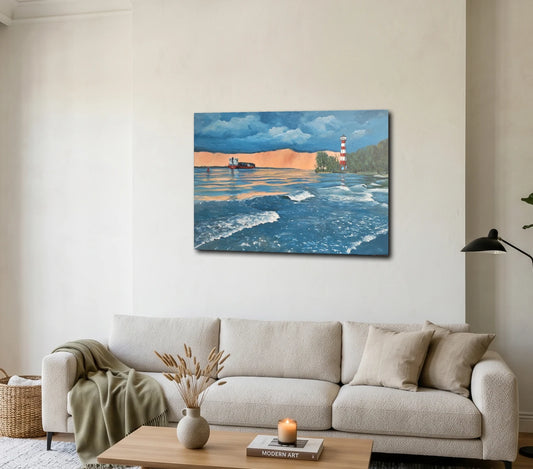 Sonnenuntergang an der Elbe von Britta Kröger an der Wand – Original-Acrylgemälde, 60x80 cm, maritimes Seestück, signiertes Unikat | Kunst-Direkt.de
