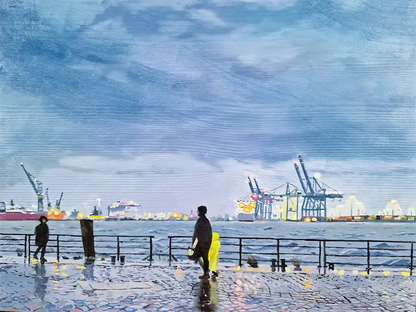 Ölgemälde, Uferweg in Hamburg am Hafen, Regenwetter, 40 x 30 cm, Ulla Kutter, Kunst-Direkt.de