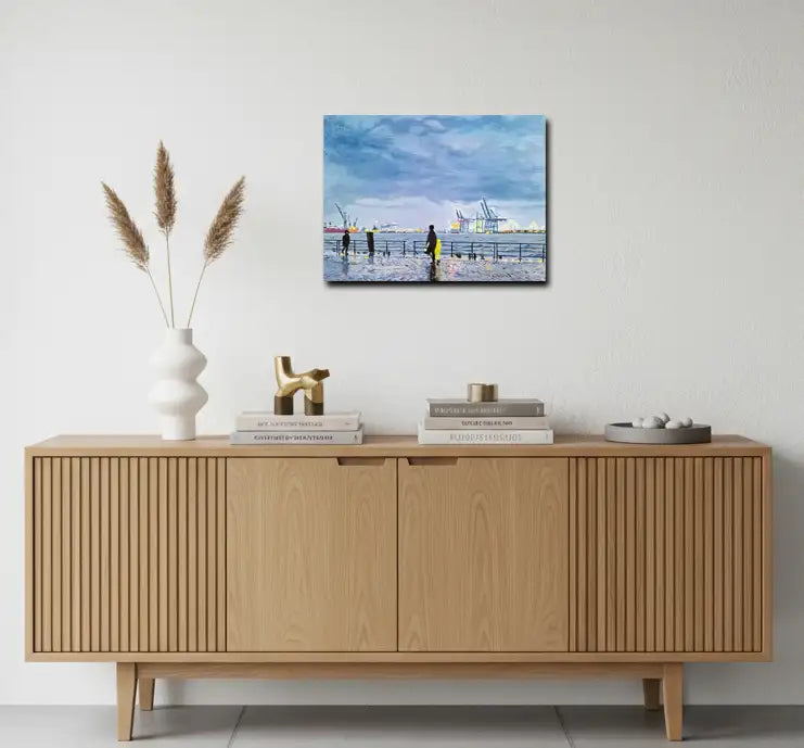 Ölgemälde, Uferweg in Hamburg am Hafen, Regenwetter, an wand, 40 x 30 cm, Ulla Kutter, Kunst-Direkt.de