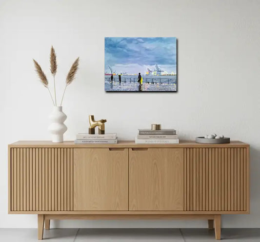 Ölgemälde, Uferweg in Hamburg am Hafen, Regenwetter, an wand, 40 x 30 cm, Ulla Kutter, Kunst-Direkt.de