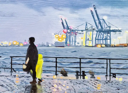 Ölgemälde, Uferweg in Hamburg am Hafen, Regenwetter, details, 40 x 30 cm, Ulla Kutter, Kunst-Direkt.de