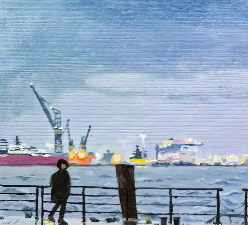 Ölgemälde, Uferweg in Hamburg am Hafen, Regenwetter, details kräne, 40 x 30 cm, Ulla Kutter, Kunst-Direkt.de