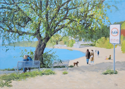 Spaziergang am Elbufer – Acrylgemälde von Britta Kröger, 60x80 cm, figurative Flusslandschaft, Spaziergänger am Elbufer in Hamburg | Kunst-Direkt.de
