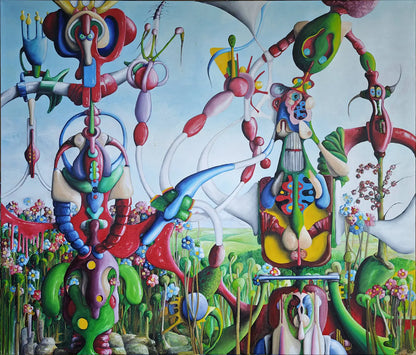 Surreale Landschaft – Ölgemälde von Dieter Roth, 120x140 cm, biomorpher Surrealismus, Blumenmeer mit Wächterfiguren in Grün-Rot-Gelb | Kunst-Direkt.de
