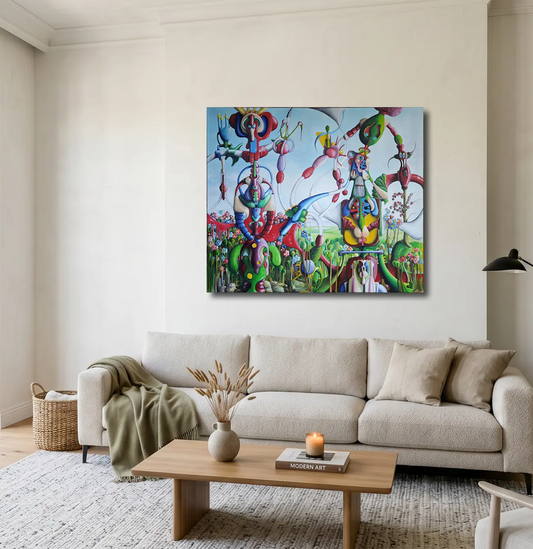 Surreale Landschaft von Dieter Roth an der Wand – Original-Ölgemälde, 120x140 cm, fantastischer Realismus, signiertes Unikat | Kunst-Direkt.de
