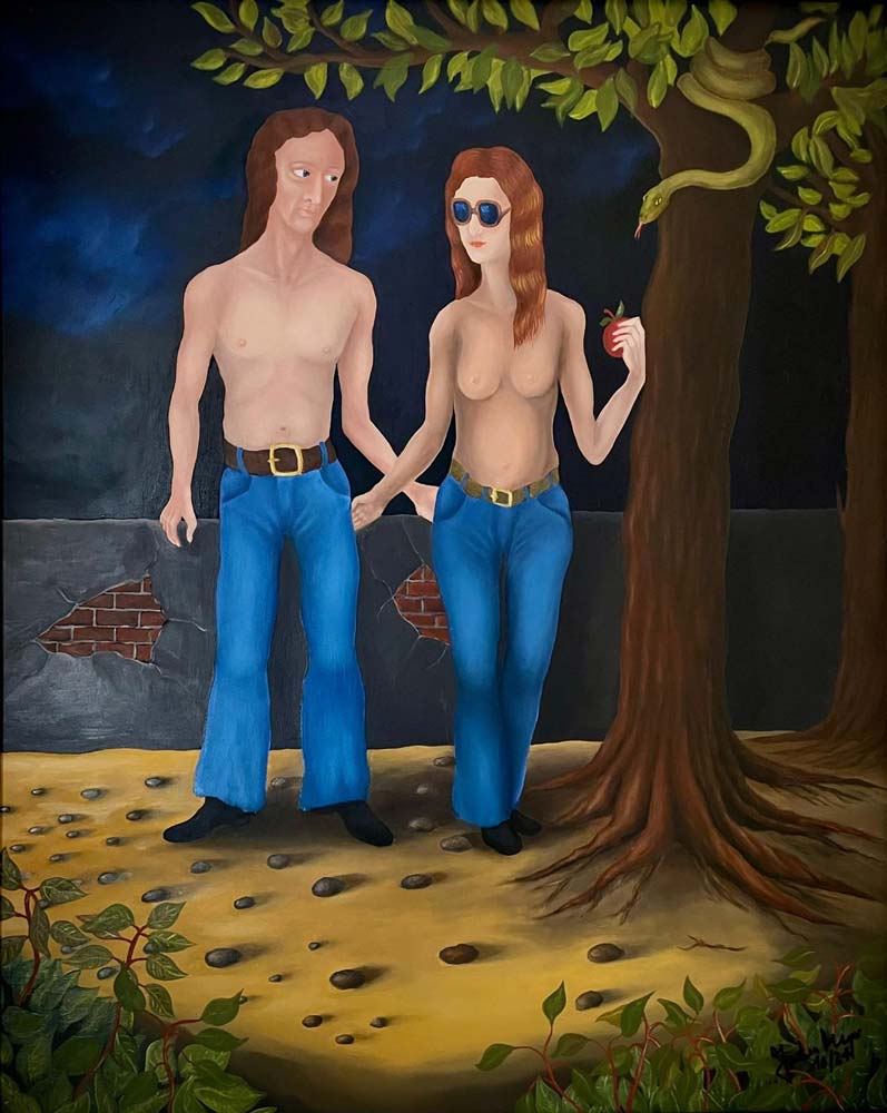 2 Menschen stehen unter einem Baum, surreales Ölgemälde auf HDF Platte, Jochen Meyer, 47 x 57 cm, Kunst-Direkt.de