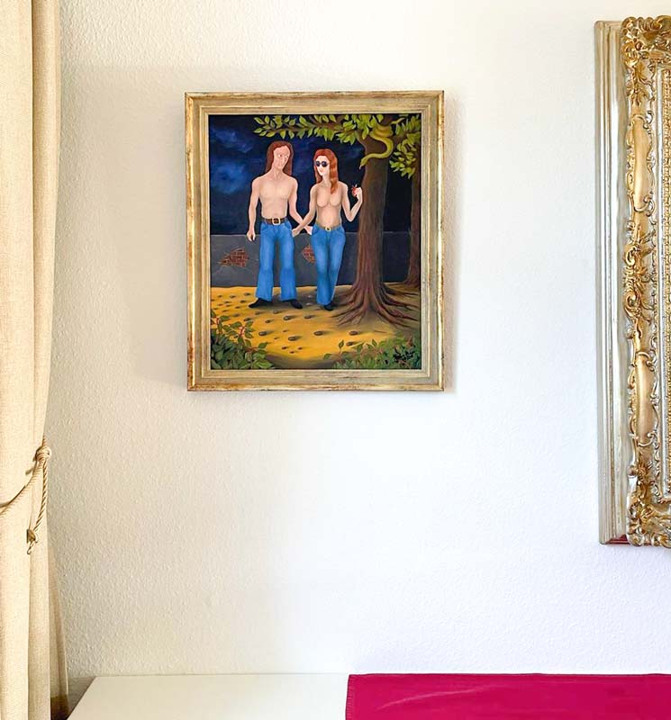 2 Menschen stehen unter einem Baum, surreales Ölgemälde auf HDF Platte, Jochen Meyer, an wand hängend, 47 x 57 cm, Kunst-Direkt.de