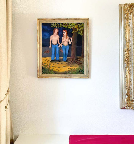 2 Menschen stehen unter einem Baum, surreales Ölgemälde auf HDF Platte, Jochen Meyer, an wand hängend, 47 x 57 cm, Kunst-Direkt.de