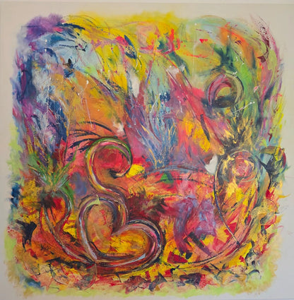 Original Acrylgemälde The Fire Within von Elena Grumann – Feurige abstrakte Kunst mit Herz- und Flammenschwüngen im Quadratformat 100x100 cm, Kunst-Direkt.de / Newart.gallery