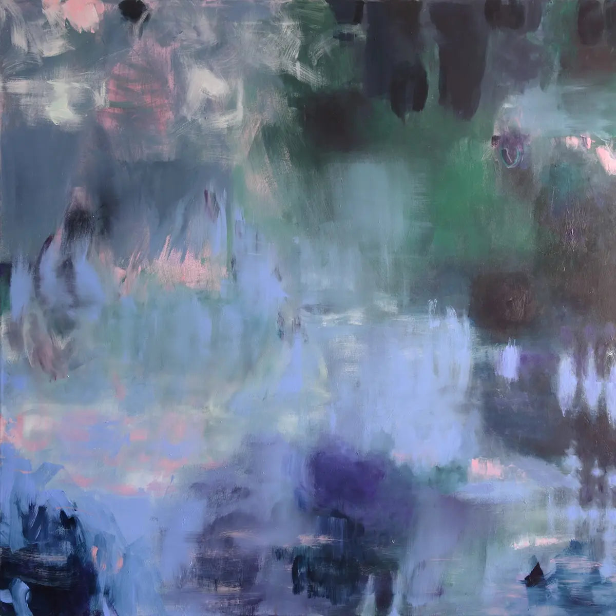The Pond – Acrylgemälde von Marion Schmidtke, 160x160 cm, abstrakter Expressionismus, Teich in Lavendel-Blau und Smaragdgrün | Kunst-Direkt.de
