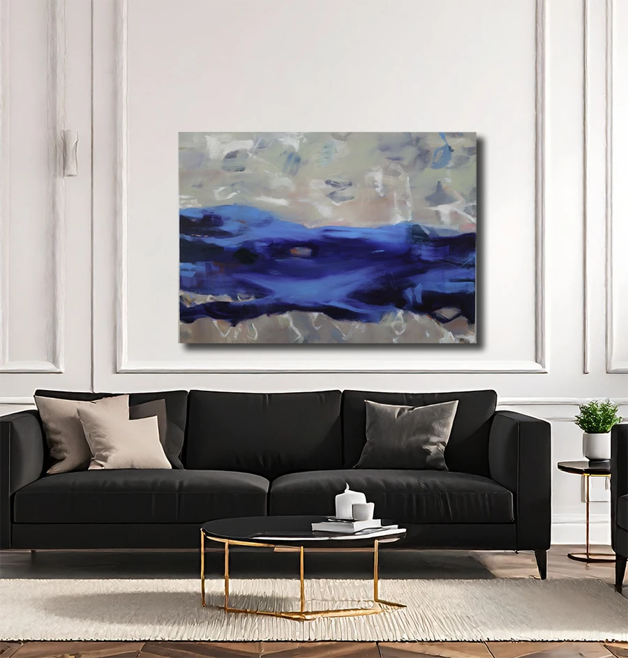 Acrylgemälde auf Leinwand, eine abstrakte welle spült über den Sand, an Wand hängend, 120 x 160 cm, Marion Schmidtke, Kunst-Direkt.de