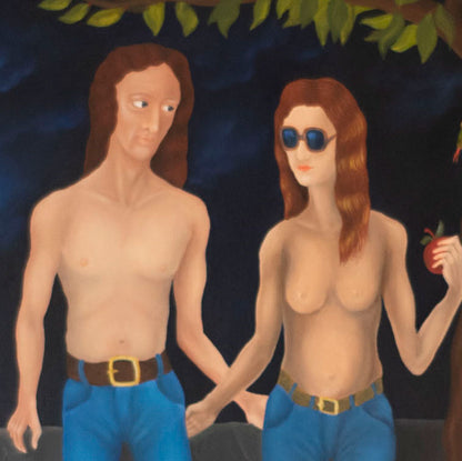 2 Menschen stehen unter einem Baum, surreales Ölgemälde auf HDF Platte, Jochen Meyer, an wand hängend, 47 x 57 cm, details, Kunst-Direkt.de