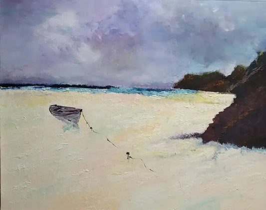 Tide – Ölgemälde von Roger Ziereisen, 80x100 cm, realistischer Stil, einsames Boot am Strand | Kunst-Direkt.de
