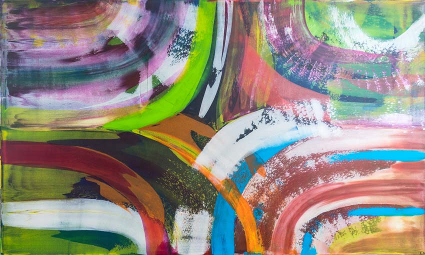 Gesamansicht des abstrakten Gemäldes, Format 250 x 100 cm, Kreise die ineinander fließen, farbig
